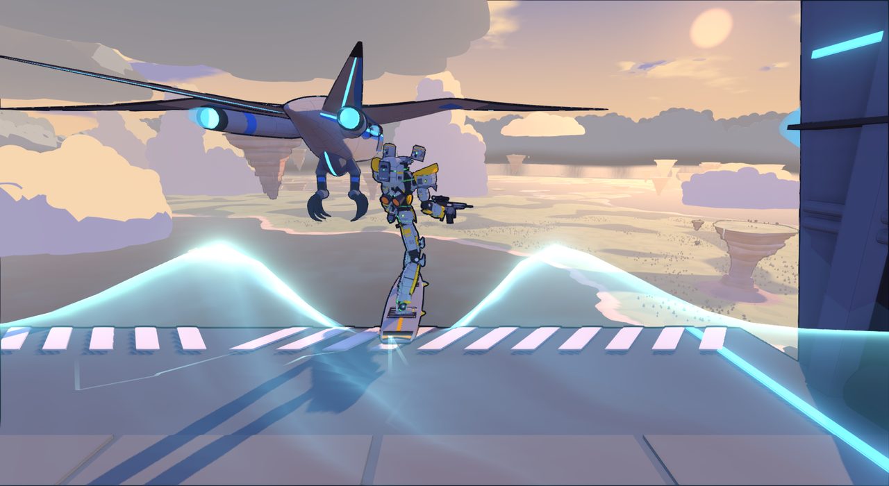 A Frame launching out of a hangar bay onto the flux