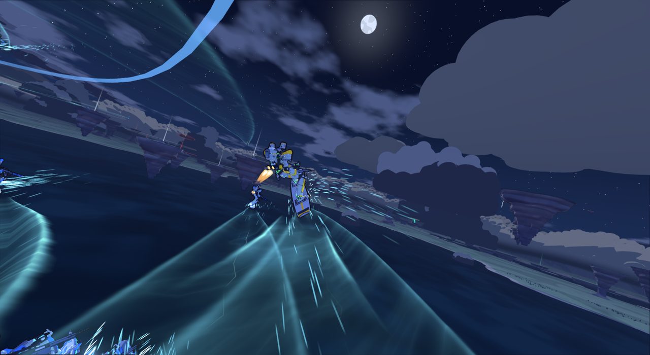 A Frame surfing a flux stream at night under the moon