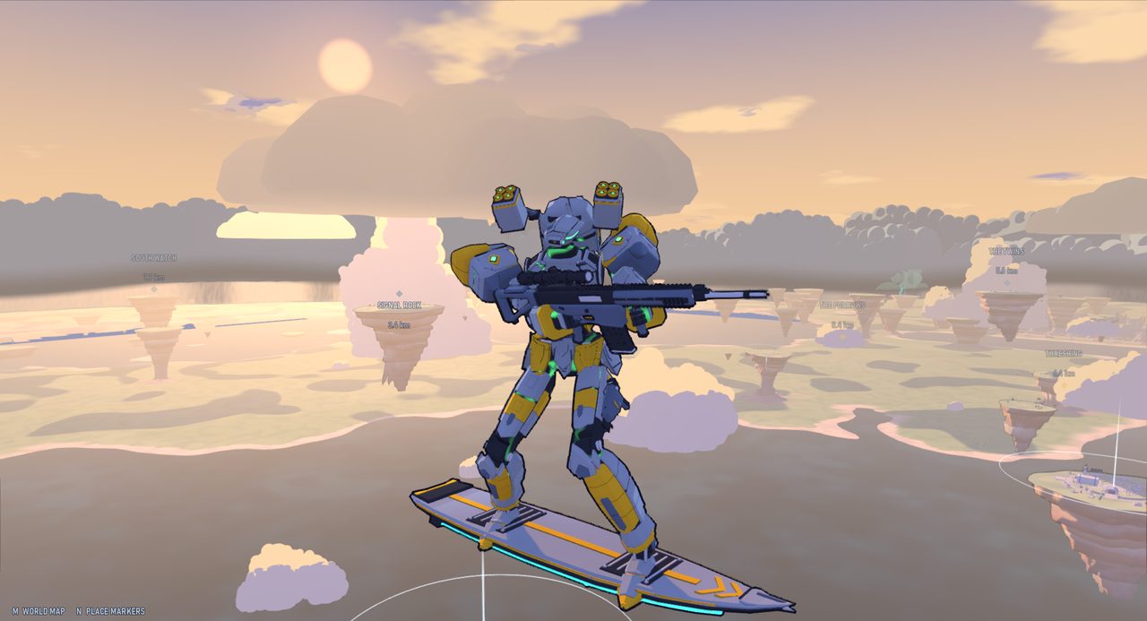 A Medium Frame standing on its board with its rifle raised