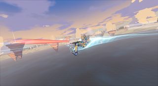 A Frame carving a turn while a red beam fires past